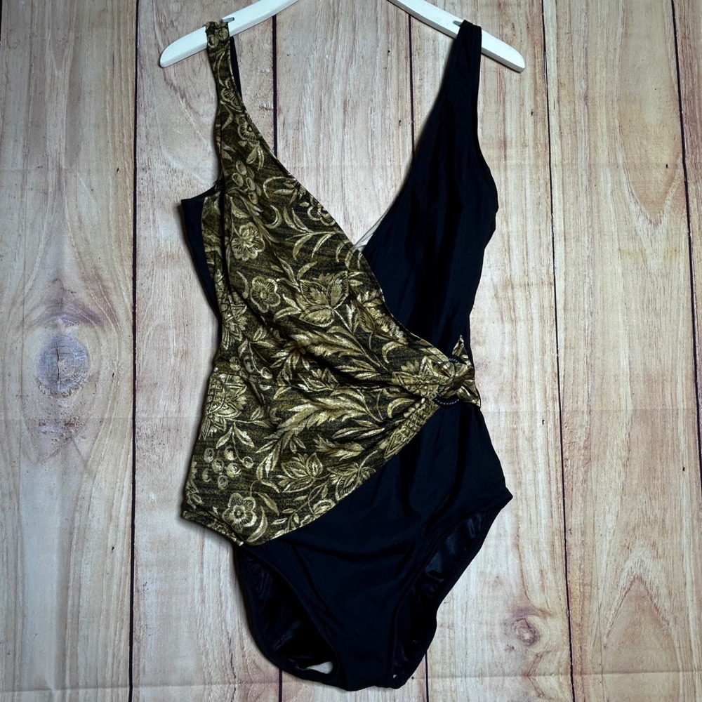 Robby Len One Piece Swimsuit Women 14T Black Gold Floral Brocade Vintage 80s 90s